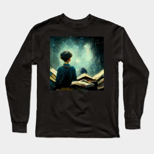 Young boy standing in a pile of books while staring at the universe Long Sleeve T-Shirt